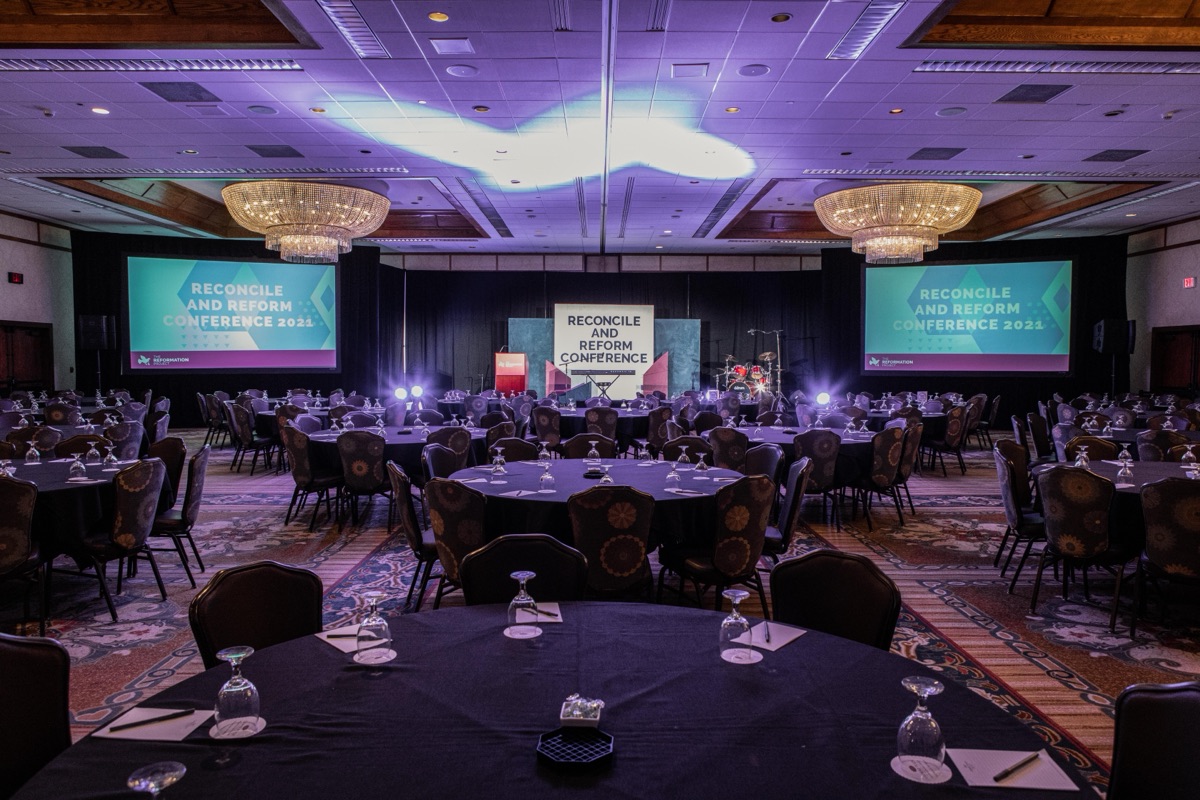 The ballroom set for the 2021 Reconcile and Reform Conference in Phoenix