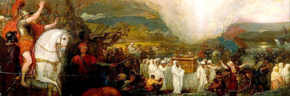 Historical scene with armored warriors and priests in white robes carrying a sacred chest — the Ark of the Covenant.
