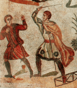 Ancient Roman mosaic depicting two figures