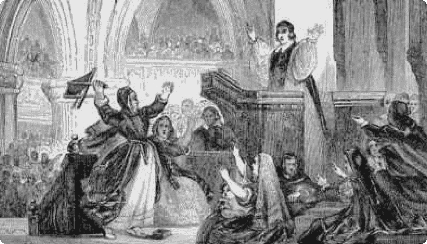Illustration of Jenny Geddes throwing a stool in church