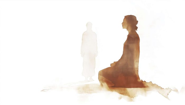 Silhouette of a figure kneeling before an angelic presence